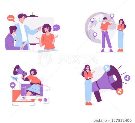 Set of vector illustrations highlighting teamwork, digital communication, and social media engagement. People depicted in activities such as presentations and online interactions. Set of vector illustrations highlighting teamwork, digital communication, and social media engagement. People depicted in activities such as presentations and online interactions. 137821400