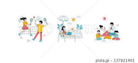 Vector illustration of people enjoying leisure activities. Playing badminton, relaxing by a pool with a laptop, and sharing ice cream outdoors. Vibrant, colorful depiction of relaxation and enjoyment. Vector illustration of people enjoying leisure activities. Playing badminton, relaxing by a pool with a laptop, and sharing ice cream outdoors. Vibrant, colorful depiction of relaxation and enjoyment. 137821401