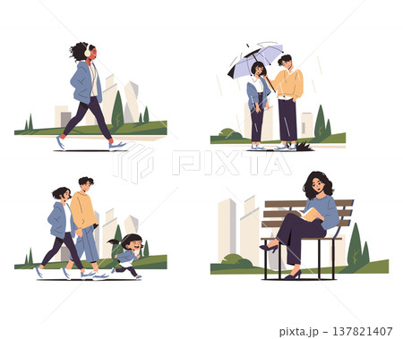 Vector illustration of diverse individuals in a park setting. A woman walks with headphones, a couple shares an umbrella, a family strolls while their child runs, and a woman reads on a bench. 137821407