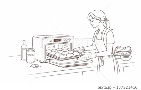 オーブンでパンを焼く女性のキッチン調理風景線画 137821416