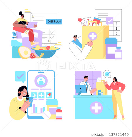 Vector illustration set highlighting healthy lifestyle concepts. Features diverse scenes with people planning diets, consulting pharmacists, using fitness apps, and handling medications. 137821449