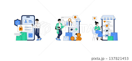 Vector illustration showcasing e-commerce security, marketing analytics, and satisfied shopping experience. Depicts user interaction with mobile security and data analysis for online shopping. 137821453