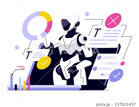 Futuristic vector illustration depicting an AI robot engaged in data analysis. The robot interacts with digital graphs and charts, highlighting technology and automation themes. 137821457