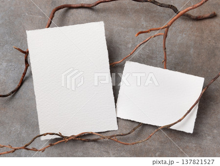 Blank cards mockup on grey stone with dry branches, copy space. Minimal rustic stationery template 137821527