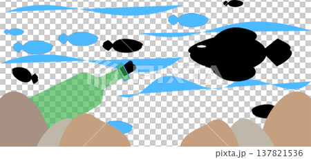 Simple illustration of ocean pollution with plastic bottle on seabed and fish swimming in dark water Simple illustration of ocean pollution with plastic bottle on seabed and fish swimming in dark water 137821536