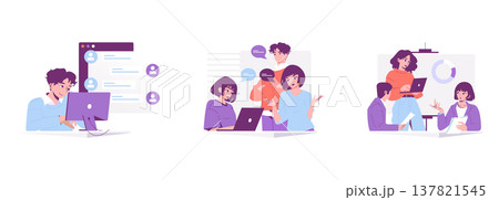 Vector illustration depicting business communication and teamwork. Includes individuals engaging in digital correspondence, collaborative discussions, and presentations. Ideal for concepts of Vector illustration depicting business communication and teamwork. Includes individuals engaging in digital correspondence, collaborative discussions, and presentations. Ideal for concepts of 137821545