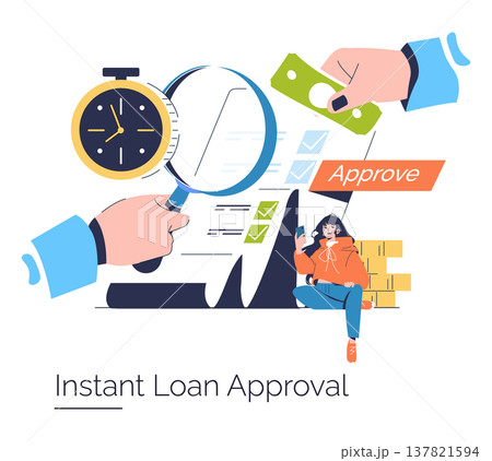 Vector illustration depicting instant loan approval process. Includes stopwatch, magnifying glass, financial document, cash exchange, and happy person holding a phone. 137821594