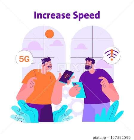Vector illustration of two people animatedly discussing 5G technology with enthusiasm. One holds a phone displaying a speed icon, while the other looks engaged. 137821596