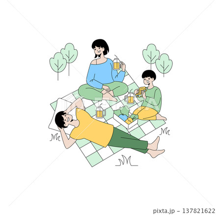 Family enjoying a picnic on a checkered blanket, holding drinks and eating snacks. Relaxed and joyful atmosphere depicted in this vector illustration of outdoor leisure time. 137821622