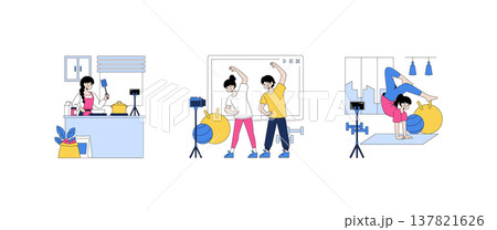 Vector illustration showing daily activities at home including cooking, exercising, and yoga. Individuals engaged in these activities are surrounded by props, emphasizing a lively routine. 137821626