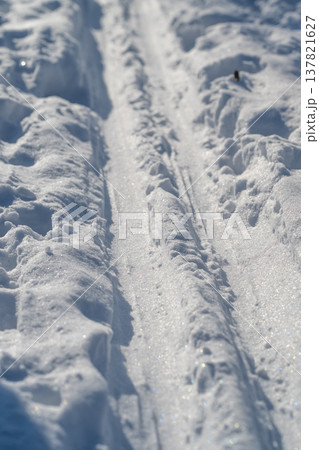 Frosted snow path with shimmering crystal highlights. Bright icy ski trail with detailed crystal reflections capturing peaceful outdoor moments and reflective moods 137821627