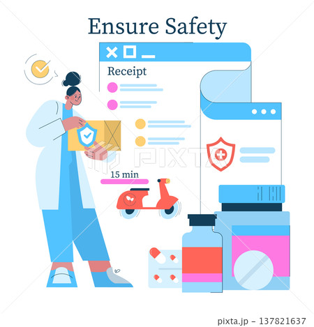 Vector illustration depicting a pharmacist organizing an online prescription delivery service. Features elements like a package, a scooter, and digital receipt, emphasizing safety and efficiency. 137821637