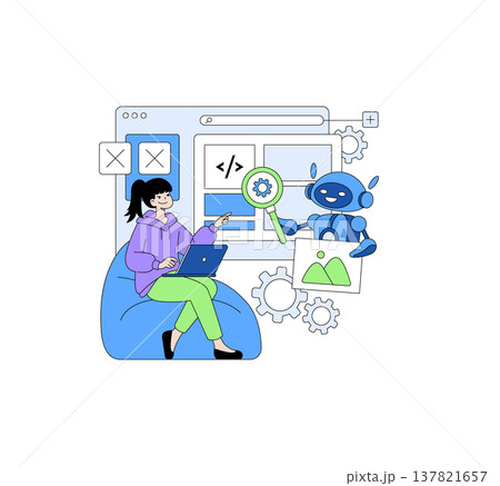 Vector illustration of a woman using a laptop, sitting with a robot as they work on web design. The scene features coding elements and visual editing tools, symbolizing modern tech collaboration. 137821657