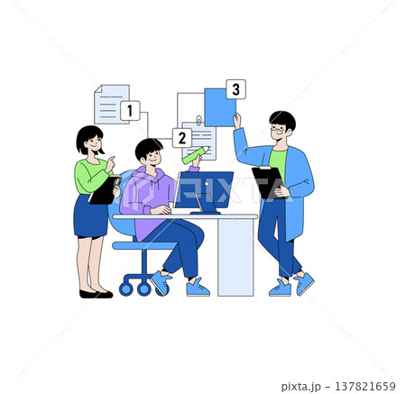 Colleagues engage in a collaborative task management session. One person is seated at a computer, while others share and organize documents. Friendly workspace environment depicted. Colleagues engage in a collaborative task management session. One person is seated at a computer, while others share and organize documents. Friendly workspace environment depicted. 137821659