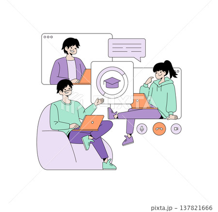 Vector illustration of three people engaging in an online learning discussion. Each person uses a laptop with digital interaction and communication elements in a virtual classroom setting. 137821666