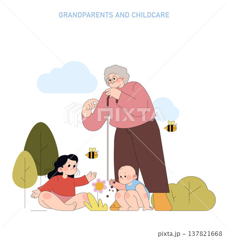 Vector illustration of a grandparent interacting with two children in an outdoor setting. The children are exploring nature as the grandparent offers guidance and shares stories. Vector illustration of a grandparent interacting with two children in an outdoor setting. The children are exploring nature as the grandparent offers guidance and shares stories. 137821668