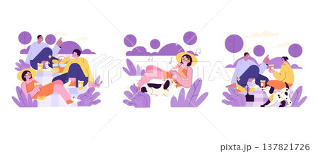 Vector illustration of three friends enjoying a relaxed picnic in a scenic park. They are laughing and chatting while sipping drinks, accompanied by a playful dog. Trees and clouds are in the Vector illustration of three friends enjoying a relaxed picnic in a scenic park. They are laughing and chatting while sipping drinks, accompanied by a playful dog. Trees and clouds are in the 137821726