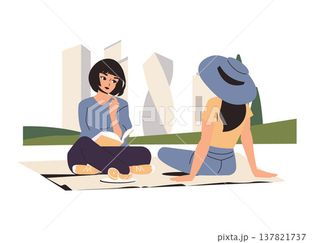 Vector illustration of two women sitting on a blanket in a park. One woman reads a book while the other is seated with her back to the viewer. Cityscape in the background. 137821737