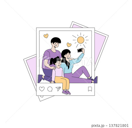 Cheerful family enjoying a sunny day, taking a selfie while sitting together, highlighted in a vector illustration. The scene depicts joy and togetherness reflecting family bonds. Cheerful family enjoying a sunny day, taking a selfie while sitting together, highlighted in a vector illustration. The scene depicts joy and togetherness reflecting family bonds. 137821801