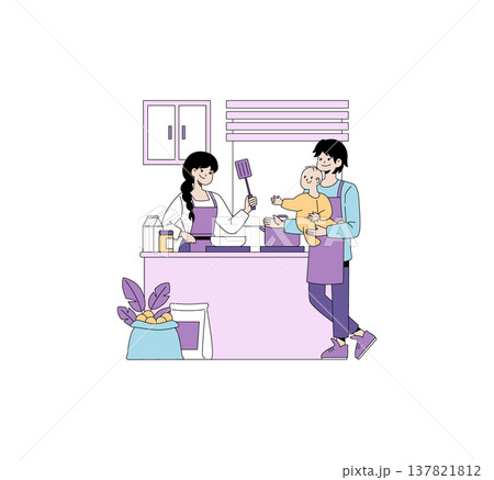 Vector illustration of a family cooking together in a kitchen. The mother holds a spatula, while the father holds the baby. Ingredients are on the counter, creating a cozy, domestic scene. 137821812