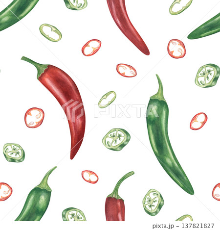 Watercolor red and green hot chili pepper seamless pattern on isolated background. Jalapeno, cayenne spicy pods and slices vegetables repeating ornate for kitchen textile, package. Watercolor red and green hot chili pepper seamless pattern on isolated background. Jalapeno, cayenne spicy pods and slices vegetables repeating ornate for kitchen textile, package. 137821827