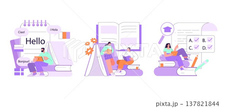 Vector illustration featuring people engaged in language learning, book reading, and test-taking activities. The scene highlights educational concepts with multilingual elements. 137821844