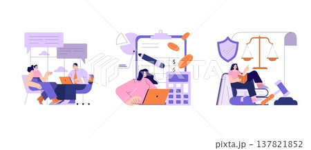 Vector illustrations depict a business meeting, financial planning, and legal study concepts. Visuals include people discussing, analyzing finances, and learning about law. Vector illustrations depict a business meeting, financial planning, and legal study concepts. Visuals include people discussing, analyzing finances, and learning about law. 137821852
