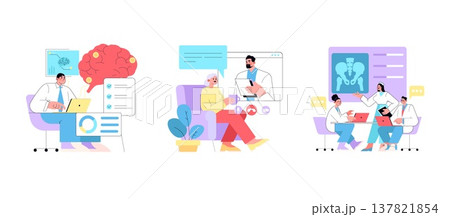 Vector illustration depicting healthcare professionals in different scenarios, including brain analysis, telemedicine consultation, and collaborative research. Emphasizes digital and remote healthcare Vector illustration depicting healthcare professionals in different scenarios, including brain analysis, telemedicine consultation, and collaborative research. Emphasizes digital and remote healthcare 137821854