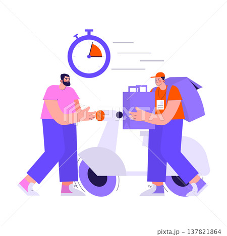 Vector illustration showing a quick delivery exchange between two individuals beside a scooter. One person hands over a package while the other checks the time with urgency. 137821864