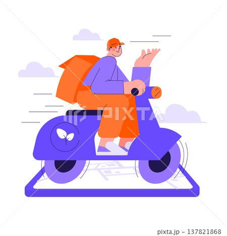 Vector illustration of a cheerful delivery person riding a scooter. The design highlights the cartoon style of a delivery service with a sense of speed and efficiency in vibrant colors. Vector illustration of a cheerful delivery person riding a scooter. The design highlights the cartoon style of a delivery service with a sense of speed and efficiency in vibrant colors. 137821868