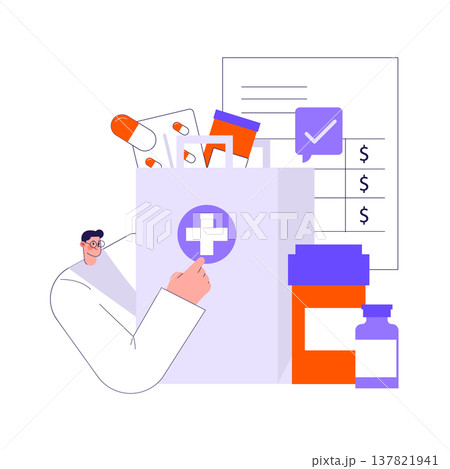 Pharmacy delivery bag concept with various medicines and a checklist illustration. A pharmacist points towards the bag showcasing essential healthcare items, highlighting a modern delivery system. Pharmacy delivery bag concept with various medicines and a checklist illustration. A pharmacist points towards the bag showcasing essential healthcare items, highlighting a modern delivery system. 137821941