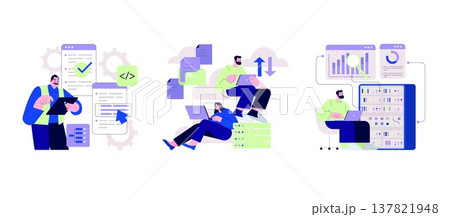 Vector illustration depicting teamwork in software development. Individuals are engaged in coding, data analysis, and system management, illustrating collaborative tech work environments. Vector illustration depicting teamwork in software development. Individuals are engaged in coding, data analysis, and system management, illustrating collaborative tech work environments. 137821948
