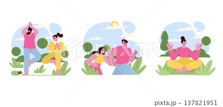 Vector illustration showing people doing yoga and meditation outdoors. One person practices tree pose, another meditates sitting cross-legged, and a couple practices together. Vector illustration showing people doing yoga and meditation outdoors. One person practices tree pose, another meditates sitting cross-legged, and a couple practices together. 137821951