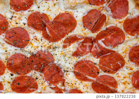 Delicious pizza description. Ovenbaked pepperoni with herbs. Crispy crust with blistered cheese and herbs. Handcrafted style pizza with aromatic herbs and blistered cheese spots 137822238