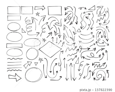 Hand drawn doodle arrows and frames set, sketch style direction pointers collection, curved and straight navigation symbols, black line art Hand drawn doodle arrows and frames set, sketch style direction pointers collection, curved and straight navigation symbols, black line art 137822390