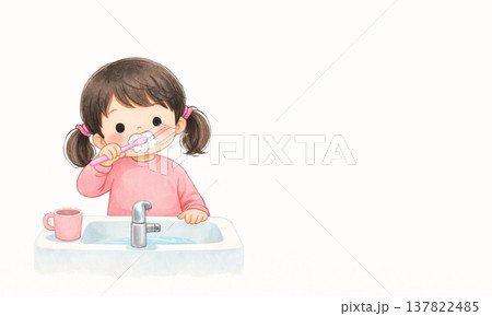 歯磨きをする女の子のかわいい生活習慣イラスト 137822485