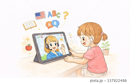 タブレットで英会話を学ぶ女の子のオンライン学習 137822486