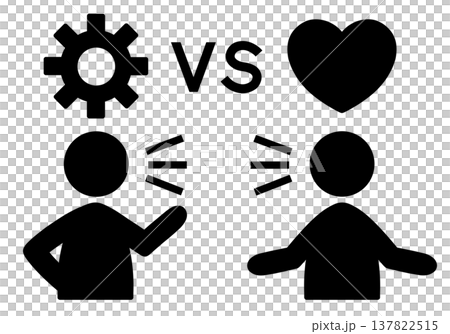 The silhouettes of two opposing figures are depicted: one who speaks logically is represented by a gear symbol, and the other by an emotionally driven person is represented by a heart symbol. The silhouettes of two opposing figures are depicted: one who speaks logically is represented by a gear symbol, and the other by an emotionally driven person is represented by a heart symbol. 137822515