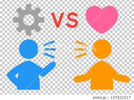 兩個相對的人形輪廓代表兩個人：一個說話邏輯清晰，用齒輪和冷色調描繪；另一個說話感性，用心形和暖色調描繪。 137822517