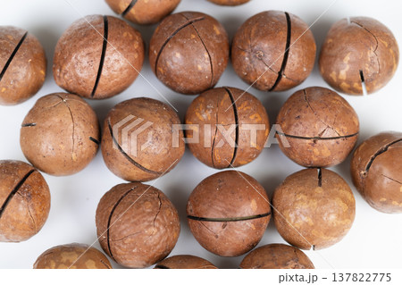 Macadamia snack visual presentation. Product shoot showcasing crunchy macadamia treats. Marketing imagery featuring assorted macadamia nuts for healthconscious snack campaigns 137822775