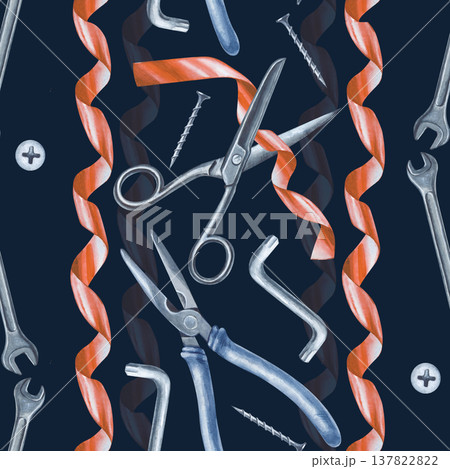 Seamless watercolor pattern with working tools on a dark background. Vertical seamless pattern with scissors, red ribbon, pliers, wrench and self-tapping screws. A background with men's home Seamless watercolor pattern with working tools on a dark background. Vertical seamless pattern with scissors, red ribbon, pliers, wrench and self-tapping screws. A background with men's home 137822822