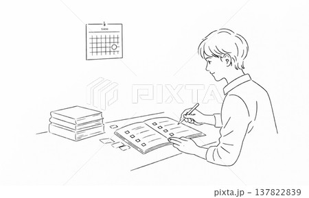 資格試験に向けて机で勉強する男性の線画イラスト 137822839