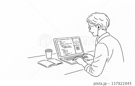 パソコンでプログラミングを学ぶ男性の線画イラスト パソコンでプログラミングを学ぶ男性の線画イラスト 137822845