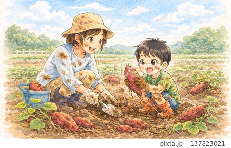 畑で野菜を収穫する親子の温かな農業体験イラスト 137823021