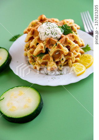 fresh zucchini waffles with creamy sauce and green herbs on plate fresh zucchini waffles with creamy sauce and green herbs on plate 137823205
