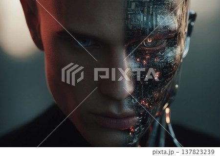 Futuristic Blend of Human and Machine Reveals a Mesmerizing Duality in Expression Generative AI 137823239