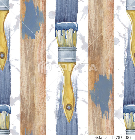 Seamless pattern with wooden planks, vertical strokes of blue paint with brushes and paint spots. Watercolor illustration using working tools on an isolated background. Realistic background with Seamless pattern with wooden planks, vertical strokes of blue paint with brushes and paint spots. Watercolor illustration using working tools on an isolated background. Realistic background with 137823383