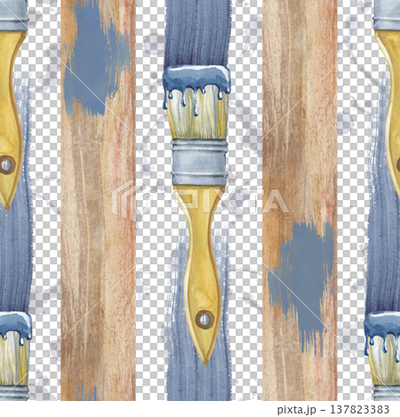 Seamless pattern with wooden planks, vertical strokes of blue paint with brushes and paint spots. Watercolor illustration using working tools on an isolated background. Realistic background with 137823383