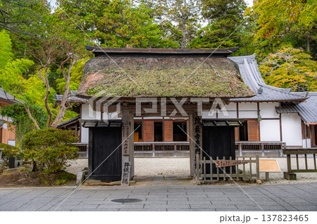 宮城県松島町 苔むす茅葺き屋根の陽徳院の山門 137823465