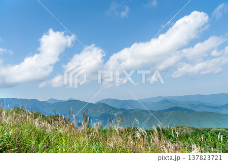 棒ノ折山(棒ノ嶺)山頂の絶景、秋の青空に浮かぶ白い雲と秩父・奥多摩の山並み 棒ノ折山(棒ノ嶺)山頂の絶景、秋の青空に浮かぶ白い雲と秩父・奥多摩の山並み 137823721